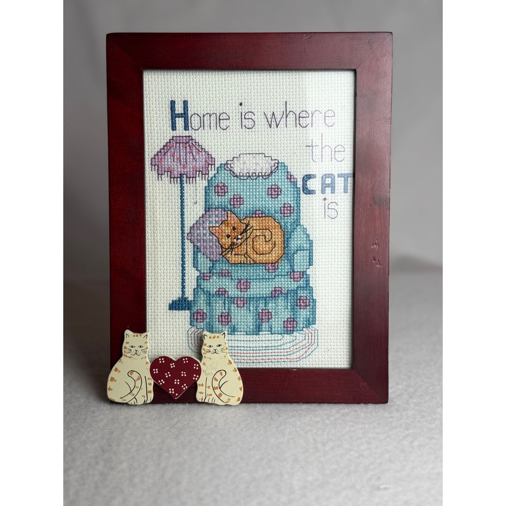 Home Is Where the Cat Is Framed Cross Stitch 7x8 Tabletop Cat Lover Decor